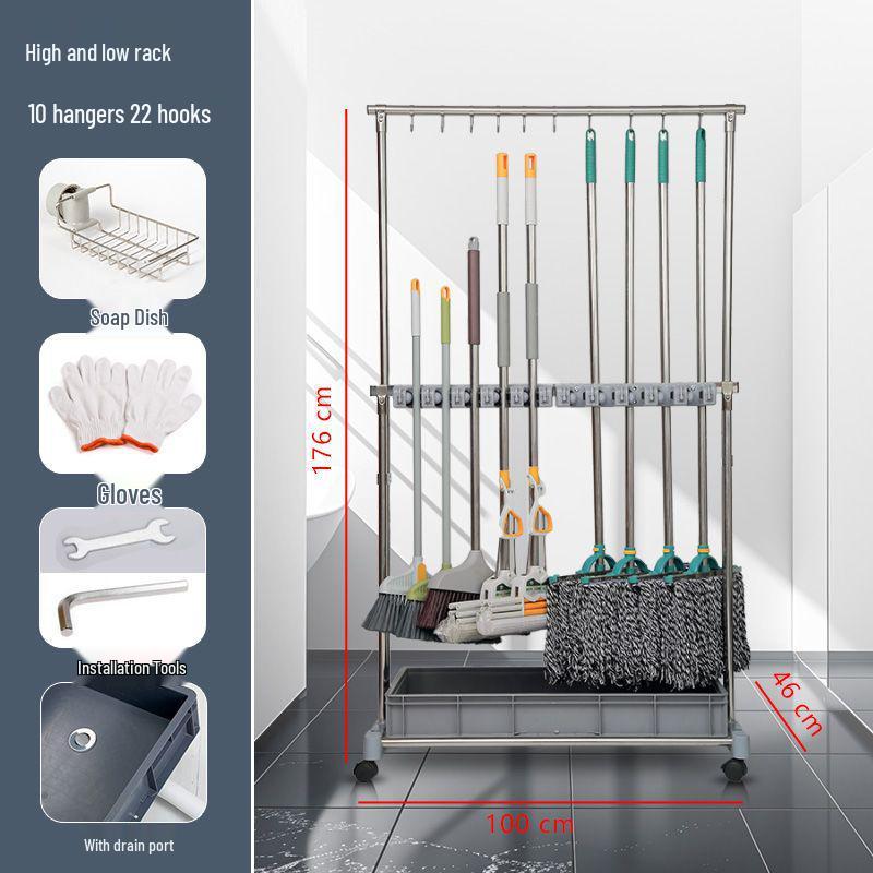 Movable Stainless Steel Mop Storage Rack with Hooks for Floor-Standing Draining in Schools and Factories