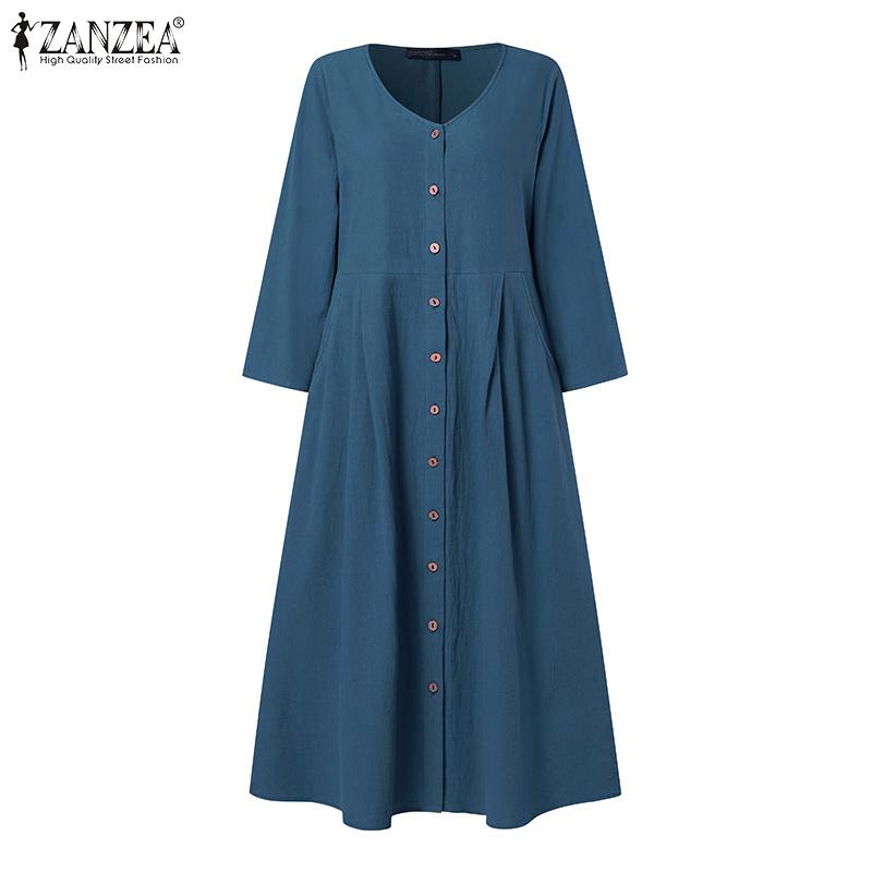 

ZANZEA Женское повседневное свободное хлопковое платье с v-образным вырезом и длинными рукавами