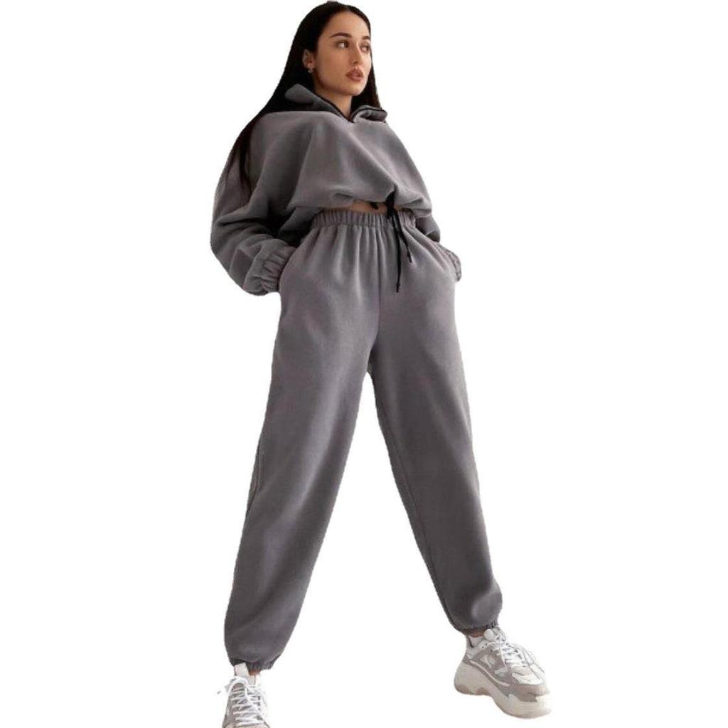 Women's Solid Color Loose Zipper Stand Collar Sweatshirt Casual 2-Piece Set - 2025 Spring/Autumn Collection