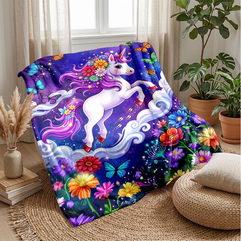 Fantasy Unicorn with Flowers Theme Blanket Lightweight Warm Flannel Blanket Decorative Throw Blanket for Home Decoration