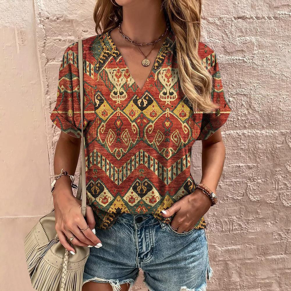 Women's T-shirt retro floral print summer casual V-neck women's clothing short-sleeved T-shirt women's fashion