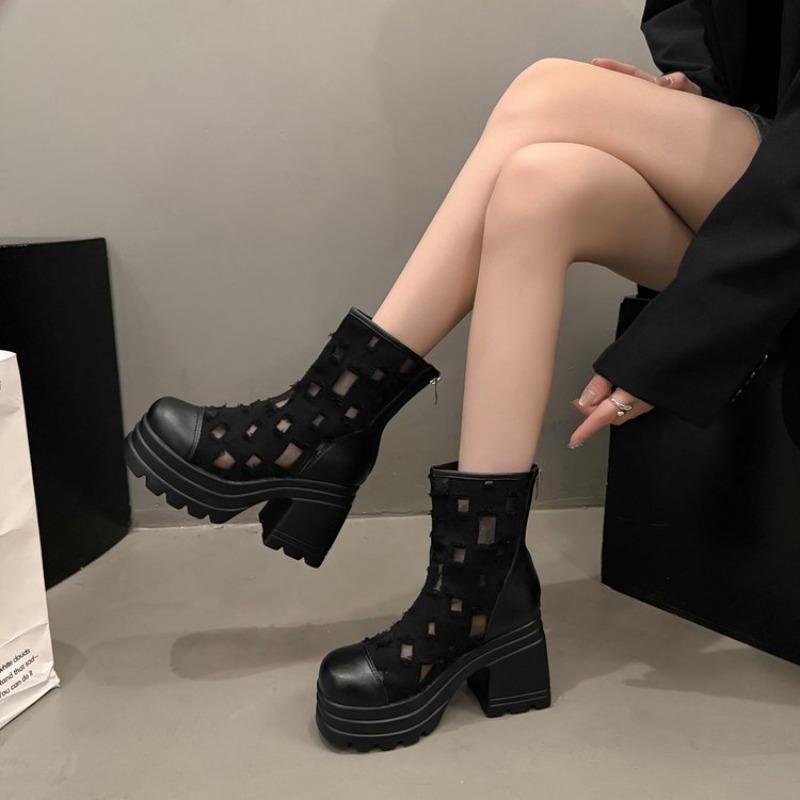 Middle Heel Zip Mesh Fabric Long Sleeved Women's Boots Shoes for Women 2025 New Fashion Summer Breathable Mature Women's Boots