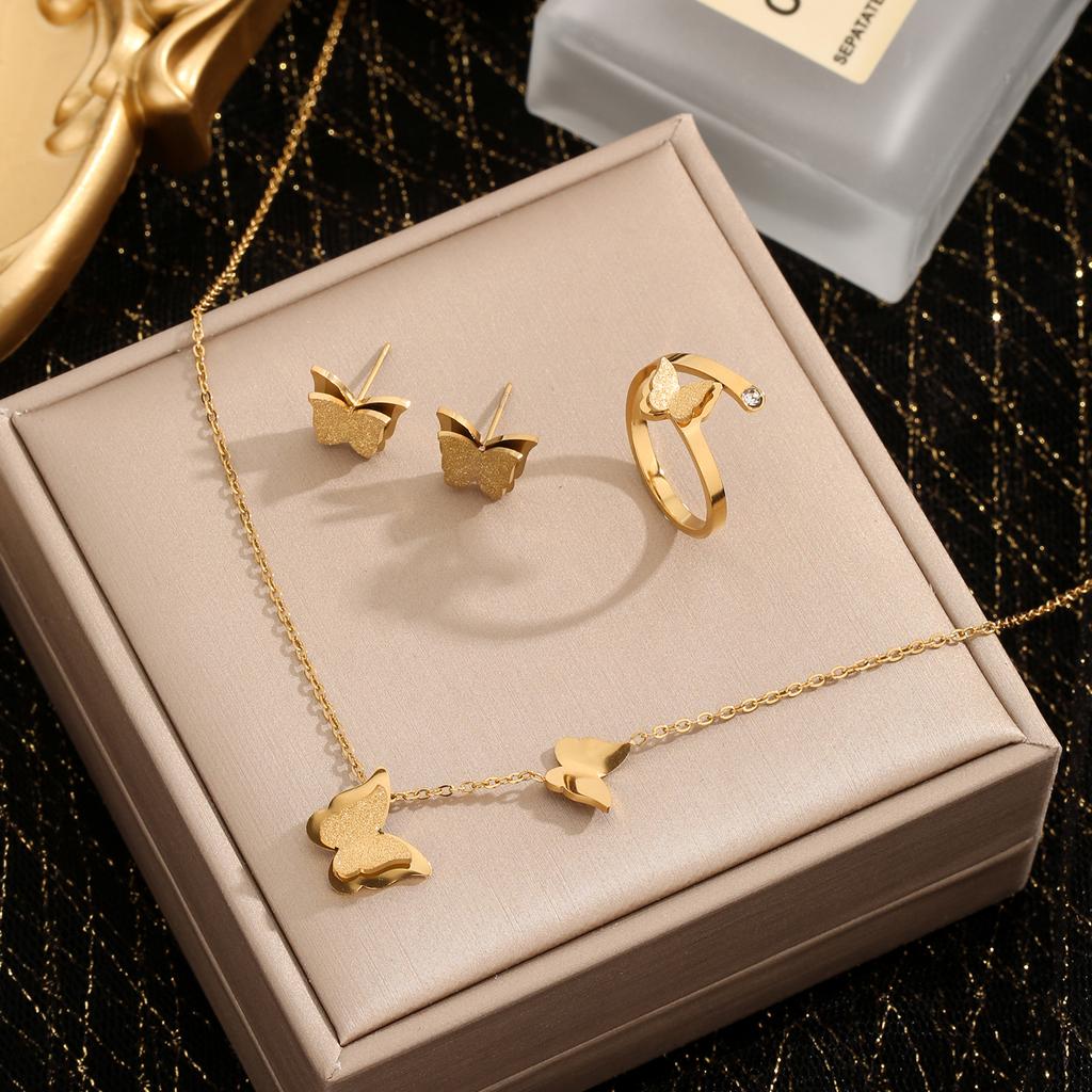 Jewelry Set for Women Stainless Steel 18k Gold Shell Butterfly Heart V-shape Pendant Necklace Rings Earring Bracelet Set