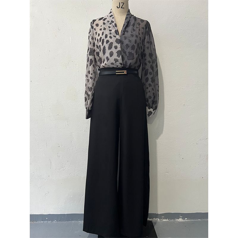 

New European and American Sexy V-neck Top + Print Wide Leg Pants Two-piece Set Gray trouser suit XXL