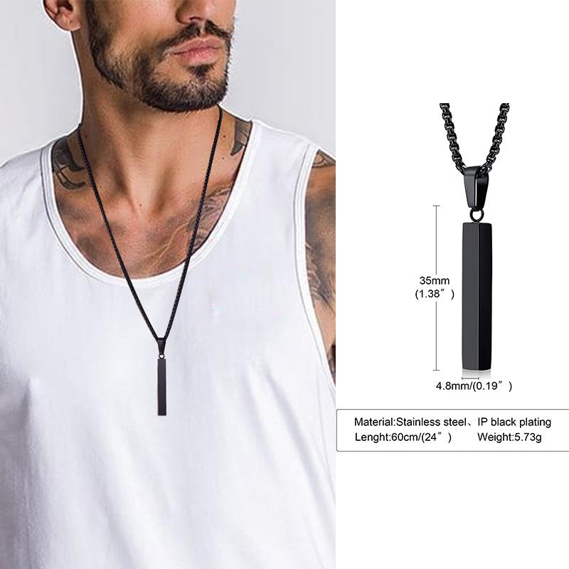 Men Custom Engraving Names Rectangle Bar Necklace, 3D Square Geometric Stainless Steel Pendant Collar Gift Jewelry
