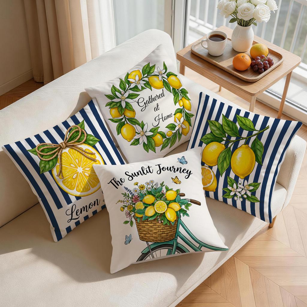 4pcs Navy Lemon Stripe Pattern Cushions Pillowcase Polyester Cushion Cover Throw Pillow Pillowcover Home Car Sofa Decor