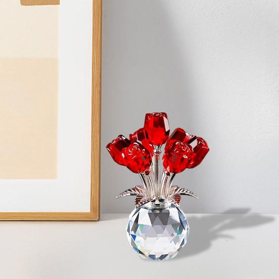 Faux Crystal Rose Flower Ornament Handmade Bouquet Figurine Mini Flower Vase Decoration Wife Girlfriend Women Wedding Anniversary Birthday Gift