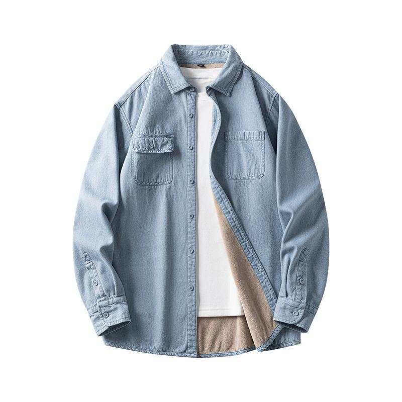 

Velvet-Lined Retro Hong Kong Style Men s Denim Shirt Jacket for Autumn & Winter 2XL [155-170 lbs]