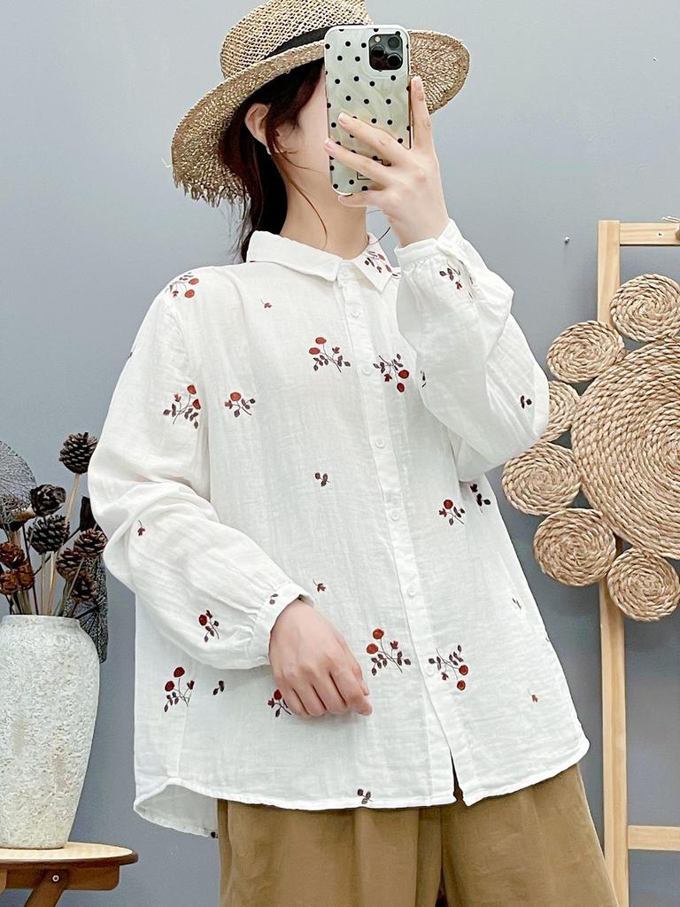 Damen Hemd im Wald-Stil aus Baumwollgaze mit Rosenstickerei - Hautfreundlich, Locker und Künstlerisch