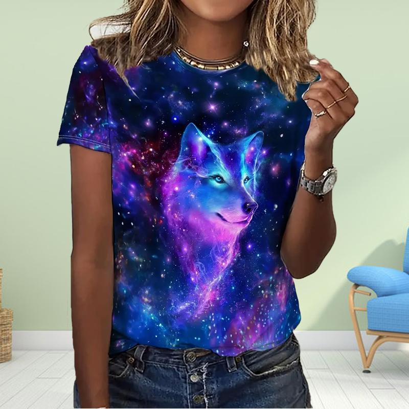 

Модная женская футболка с принтом животных и волков, забавная повседневная футболка с круглым вырезом и короткими рукавами, летняя женская футболка L синий