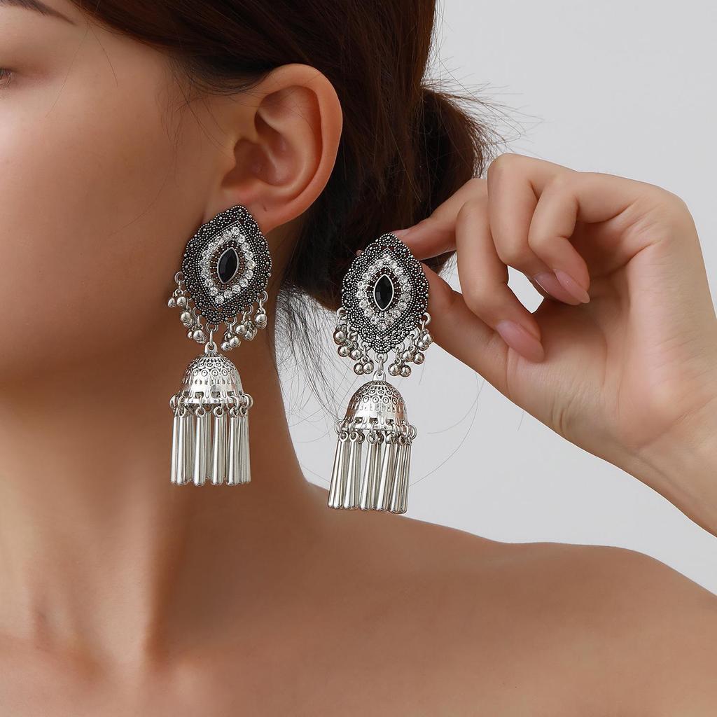 Cross-Border Retro Miao Silver Earrings with Peacock Bell Tassels and Hollowed Leaves