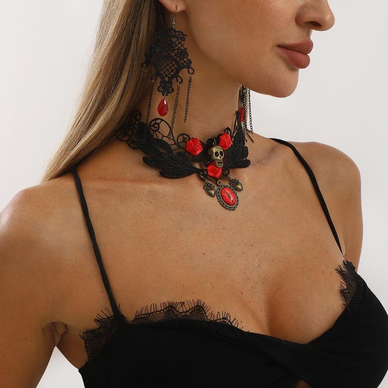 Halloween Dark Lace Rose Chain Fringed Earrings Collarbone Chain Jewelry Set Women