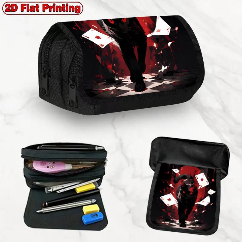 1pc Black Cat And Playing Cards Design Double Layer Flip Pencil Case - Multi-Layer Flip Cover Design, Storage Bag, Zipper Closure, Suitable for School
