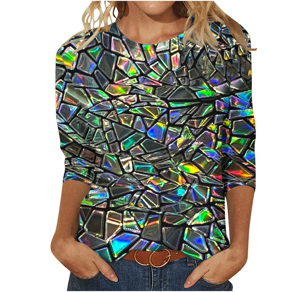 European and American women's round neck long-sleeved T-shirt with sequins 3D printing