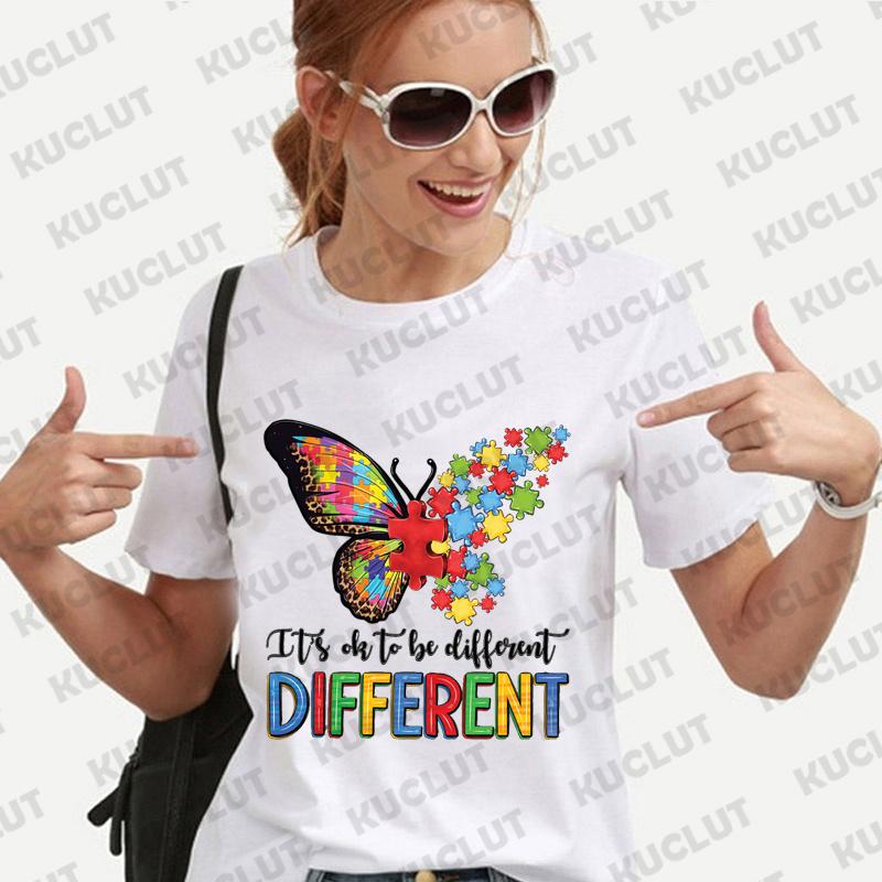 Its Okay To Be Different Autism Butterfly Shirt for Women Butterfly T-shirt Autism Acceptance Tshirt Short Sleeve Graphic Tops