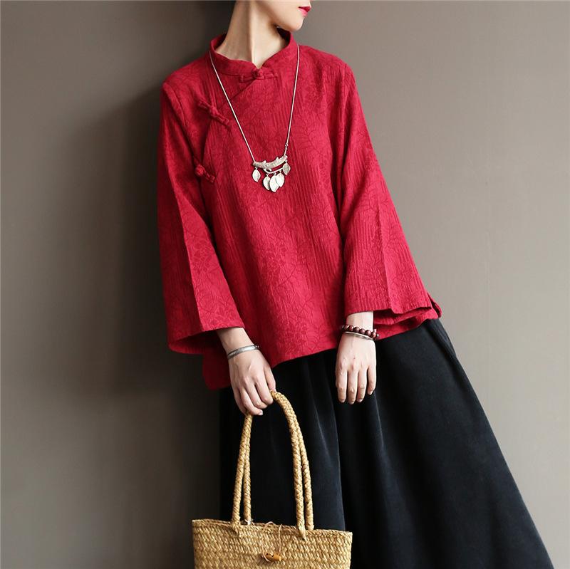 

Johnature Chinese Style Women Shirts Vintage Blouses Autumn Stand Nine Sleeve Jacquard Women Shirts Tops One Size