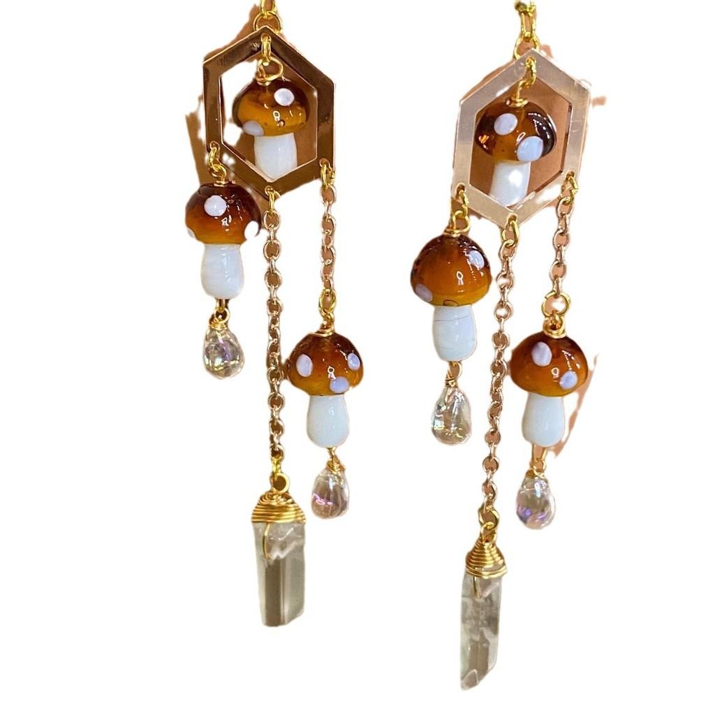 Bohemia Handmade Alloy Mushroom Drop Earrings With Transparent Crystal For Summer Style