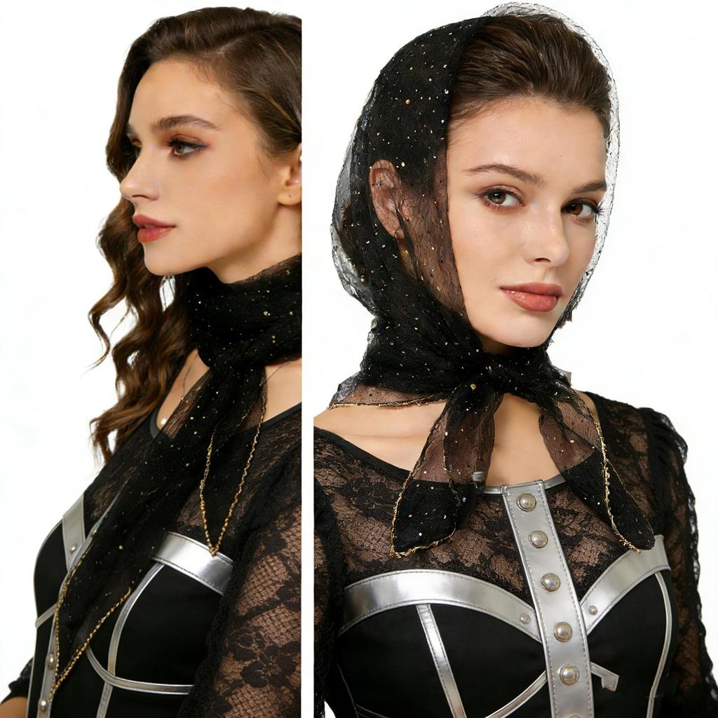 80cm Glitter Rhinestone Square Scarf, Sparkly Mesh Head Wrap for Women