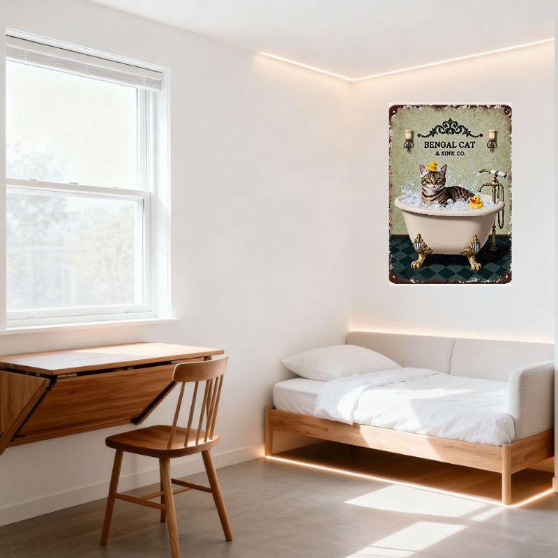 Vintage Bengal Cat in Bathtub Tin Sign, Whimsical Cartoon Wall Decor with Rubber Ducks & Candle Sconces, Metal Poster for Home B