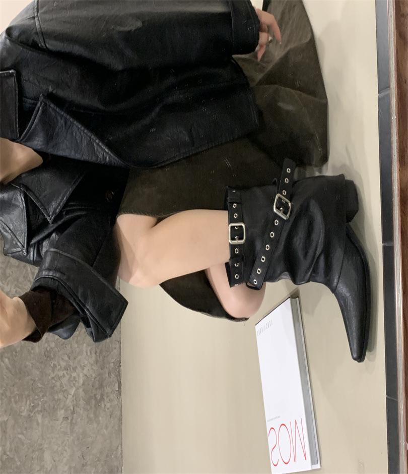 2025 New Retro Pointed Thin Boots Belt Buckle Thin But Knee Pile Boots Women's Versatile Thick Heel Mid Boots