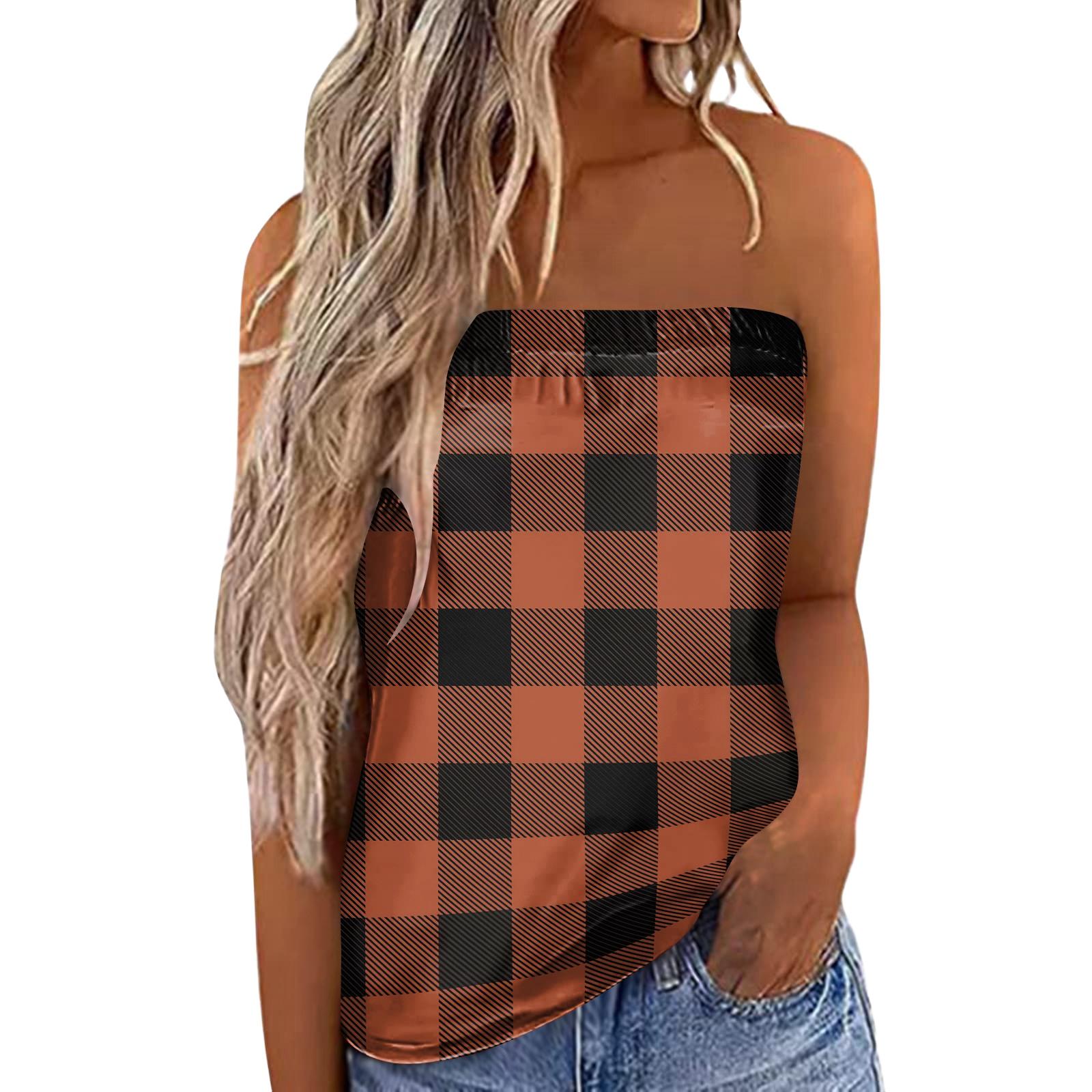 Women s Summer Sexy Strapless Off-Shoulder Elastic Band Plaid Print Top L