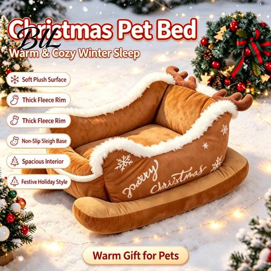 Holiday Sleigh Pet House Christmas Dog Bed with Non Slip Base, Plush Calming Sofa Durable for Cats Indoor Outdoor, Fun Puppies Anti Cat