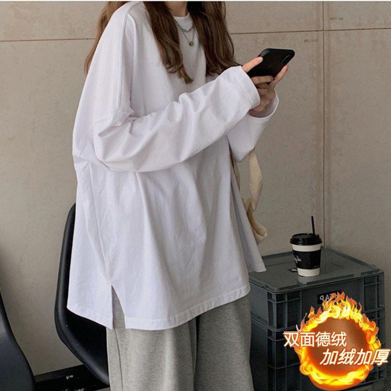 100% Pure Cotton Long-sleeved T-shirt for Women Ins Trendy 2025 New Loose Korean Student Bf Style White Base Shirt Top