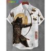 Vintage Japanese Cat Archery Shirts Daily Men Women Street Polyester Retro Shirt Short Sleeve Loose Button Up Blouses Tops