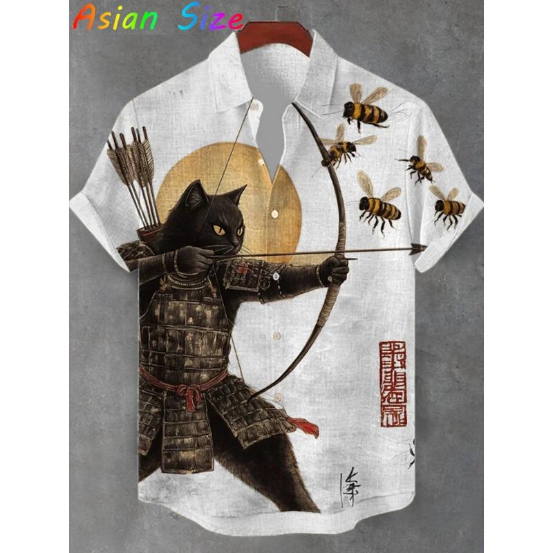 Vintage Japanese Cat Archery Shirts Daily Men Women Street Polyester Retro Shirt Short Sleeve Loose Button Up Blouses Tops