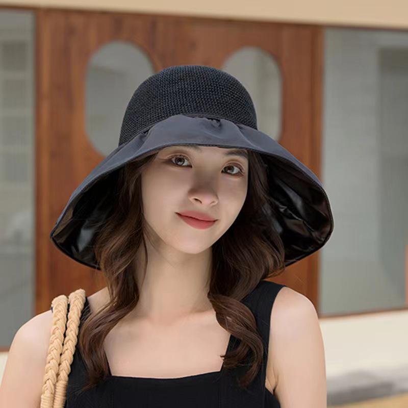 Korean-Style Women's Wide Brim Sun Hat with Bow and Face Mask - Versatile Outdoor UV Protection Hat for Adults