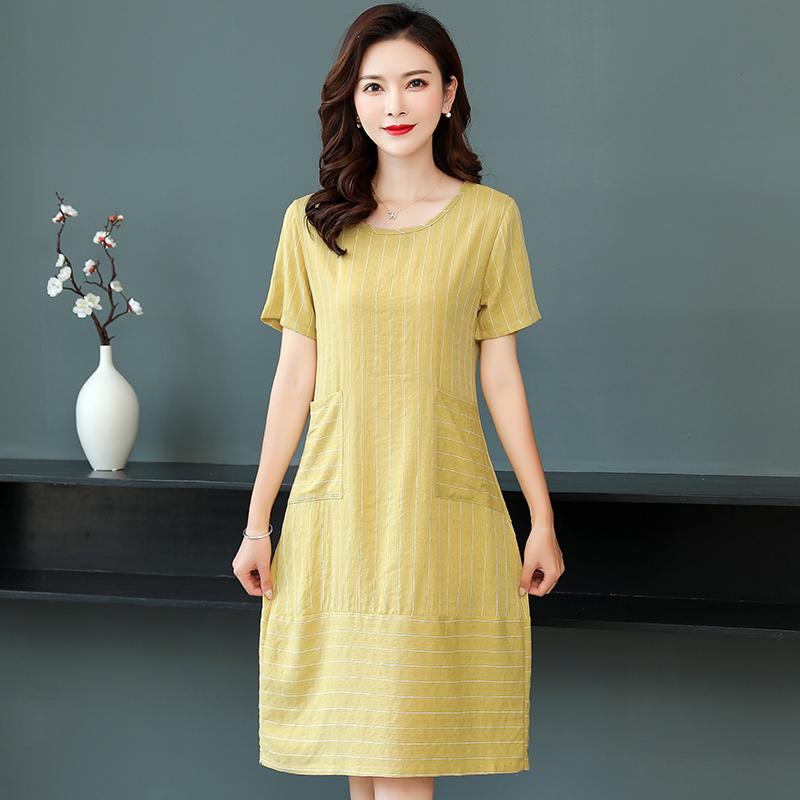 Sommer Gestreiftes Midikleid Frauen Casual Lose Kurzarm Plus Size Kleider Sommerkleidung Mit Taschen