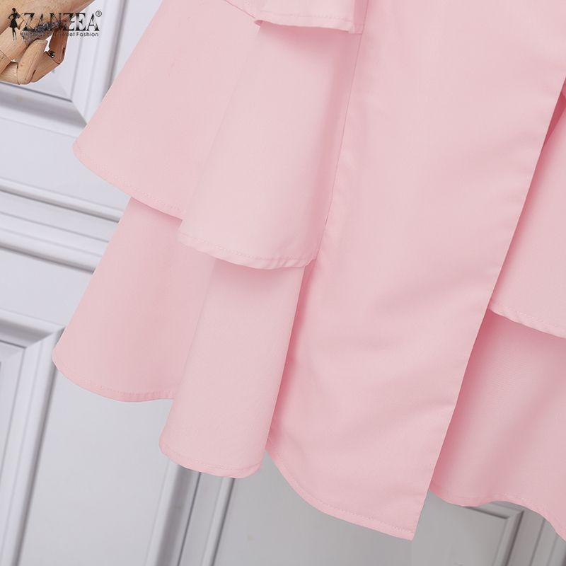 ZANZEA Women Casual Turn Down Collar Loose Short Sleeve Elegant Ruffles Dress