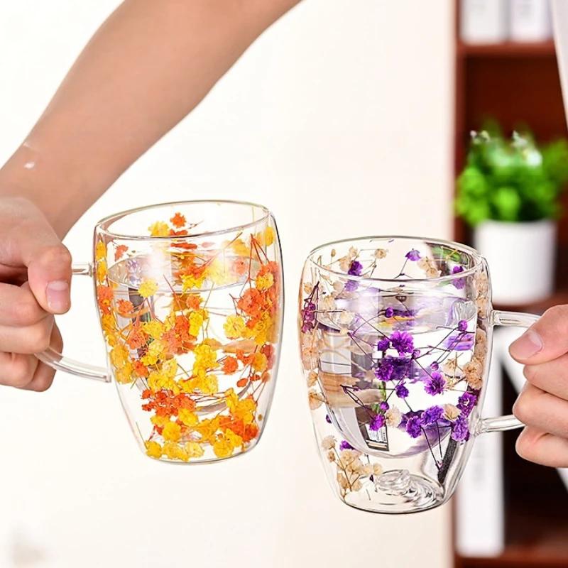350ml Double Wall Espresso Coffee Cup Handle Flower Pattern Creative Transparent Hot Iced Beverage Beer Whisky Wine Glass Mug