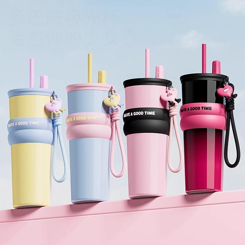 710Ml Large Capacity Car Thermos Mug Stainless Steel Vacuum Flask With Retractable Straw Leak-Proof Coffee Tea Cold Drink Bottle