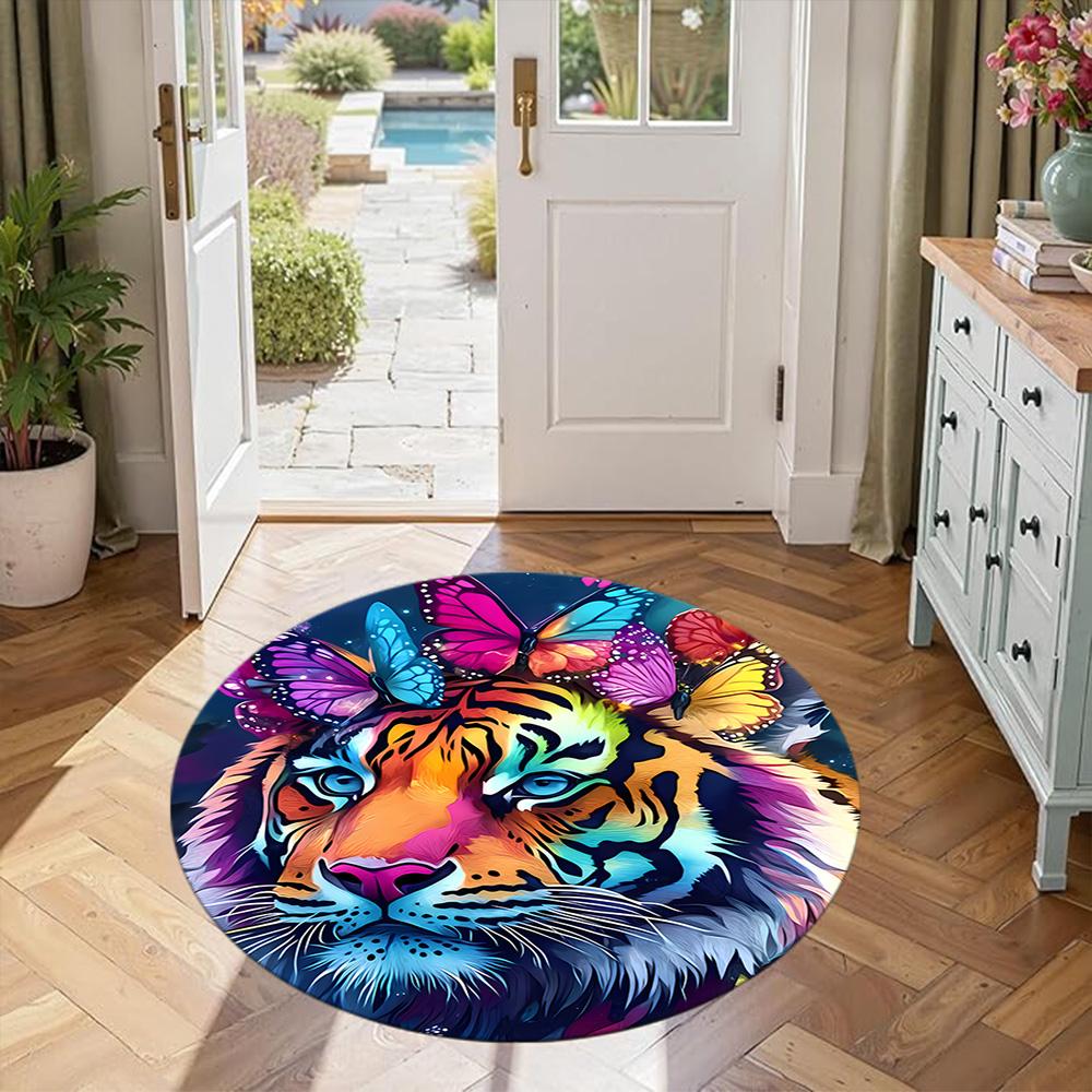 Tiger Round Office Rug Design for Dining Room Playrooms Kitchen Entryway Anti-slip Round Rug Decorate Offices Birthday Christmas Gift