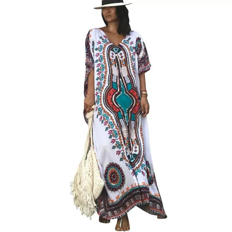 Bohemian V-Neck Loose Beach Cover Up Dress With Printed Design Women Cotton Blend Lightweight Resort Wear Size M US 8-10