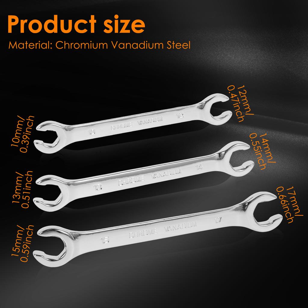 3Pcs Metric Flare Nut Spanner Set Double End Open Ring Spanner Chrome Vanadium Steel Brake Line Wrench for Mechanics Auto Repair