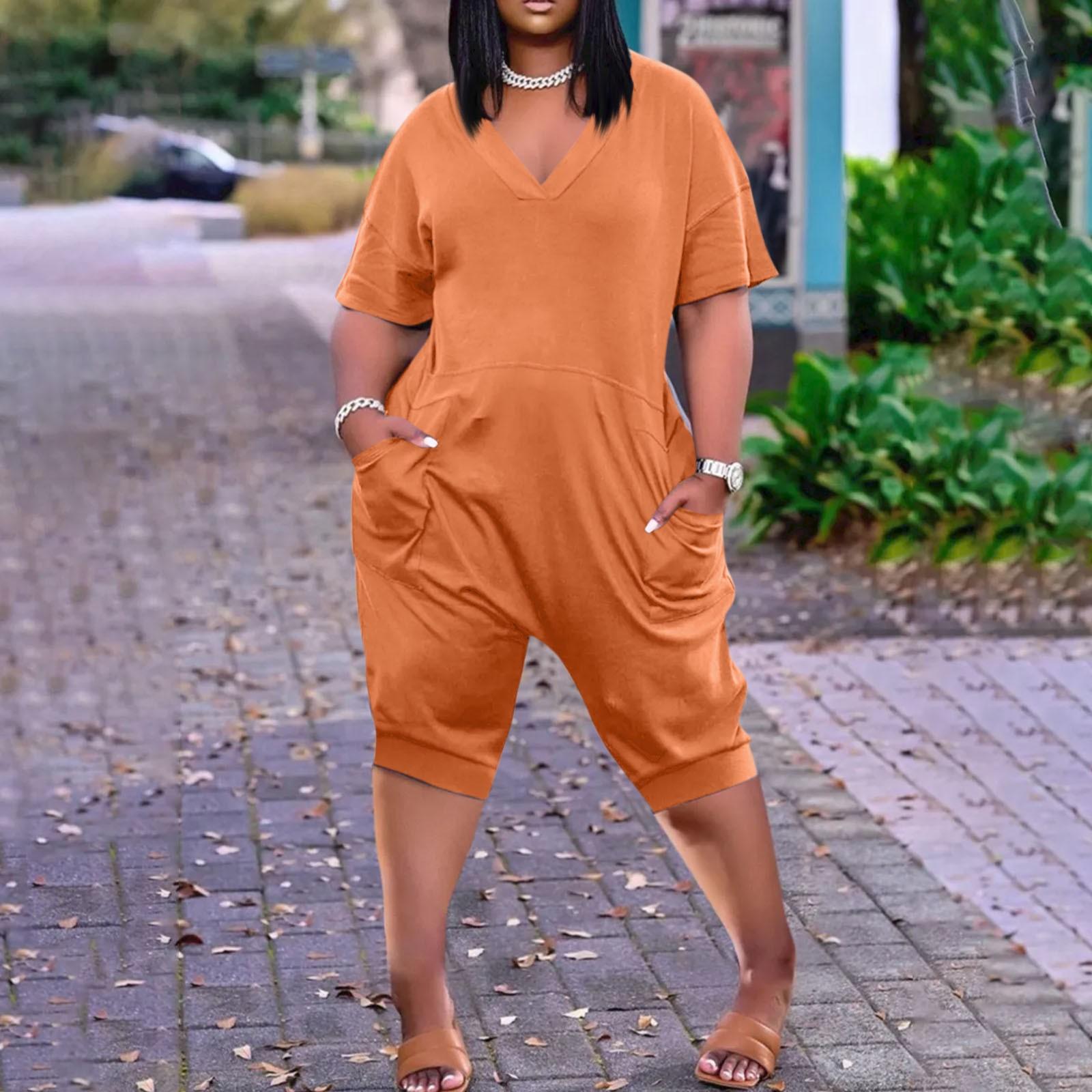 

Женский повседневный однотонный комбинезон больших размеров с короткими рукавами и V-образным вырезом, пять точек, с карманами L оранжевый
