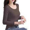 Women's Slim Fit Round Neck Long Sleeve T-Shirt - Elastic Solid Color Top