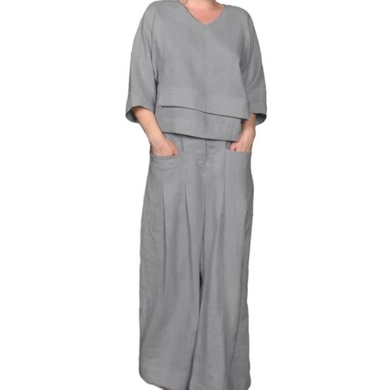 

Женские летние свободные комплекты из 2 предметов, повседневный топ с V-образным вырезом и рукавом 3/4 и широкие брюки, домашние костюмы с карманами L серый