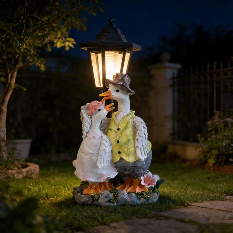 Elegant Solar Activated White Bird Garden Figure Featuring Traditional Street Light For Outside Enhancement Durable Against Different Climate