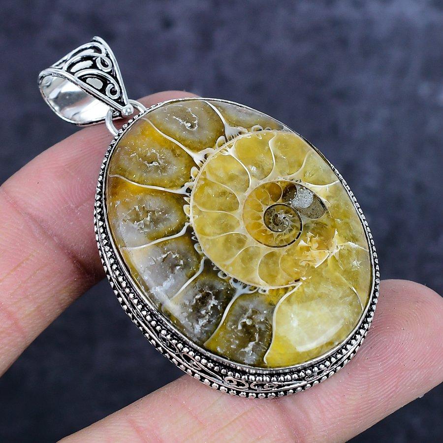 Natural Ammonite Fossil Gemstone 925 Sterling Silver Jewelry Pendant 2.29" ETC-14204