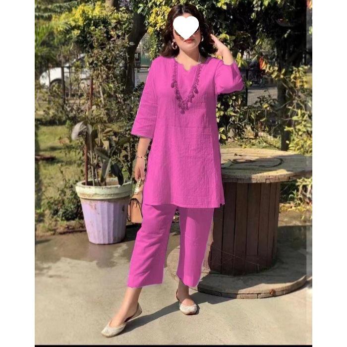 Southeast Asian Ethnic Mid-Sleeve Solid Color Sports Suit - Large Size Two-Piece Casual Set