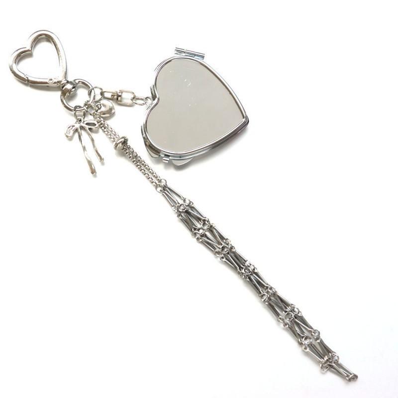 Adjustable Metal Mesh Lipstick Holder Purse Lip Gloss Bag with Makeup Mirror Keychain Pendant with Heart Star Charm for Women