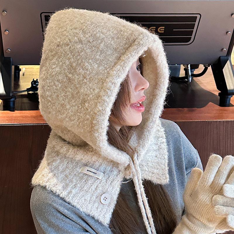 Korean Style Hat Scarf Women'S Autumn And Winter Warm Ear Protection Hooded Scarf Knitted Wool Hat
