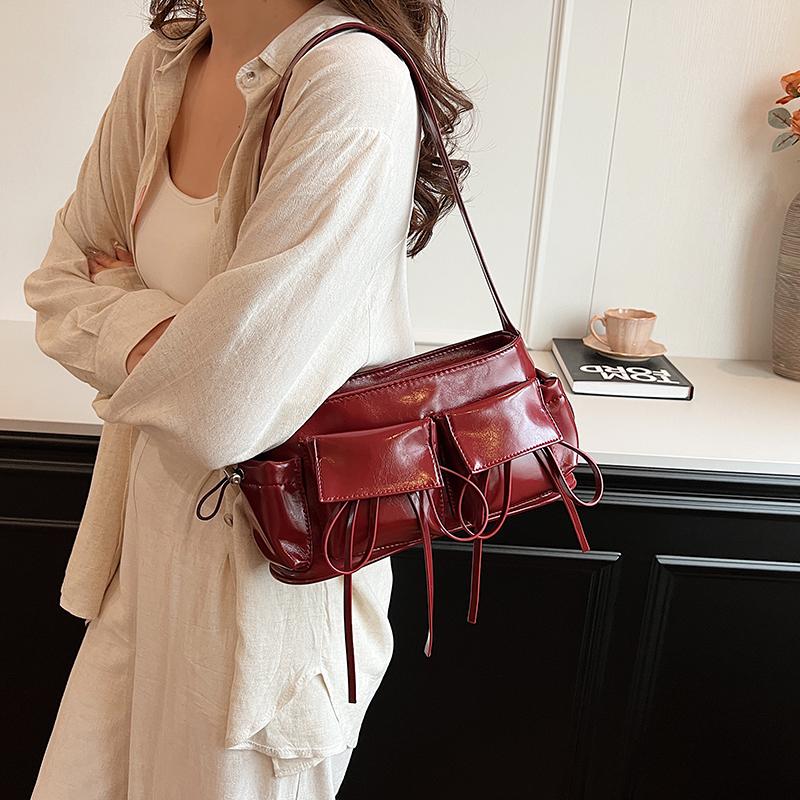 Retro Underarm Bag Double Pockets PU Leather Shopping Bag Fashion Solid Designer Armpit Bag Zipper Portable Ladies Chic Hobo Bag