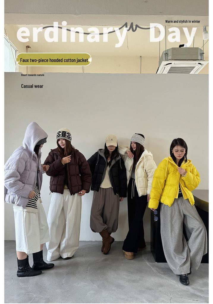 Winter 2026 Women's Korean Style Hooded Lightweight Puffer Jacket - Short, Faux Two-Piece Design.