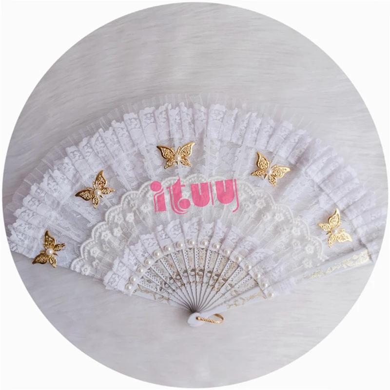 

Butterfly Pearl Gorgeous Multilayer Lace Hand Fans Lolita Harajuku Gothic Japanese Style Handheld Dance Fan Props For Comic-Con Option 1