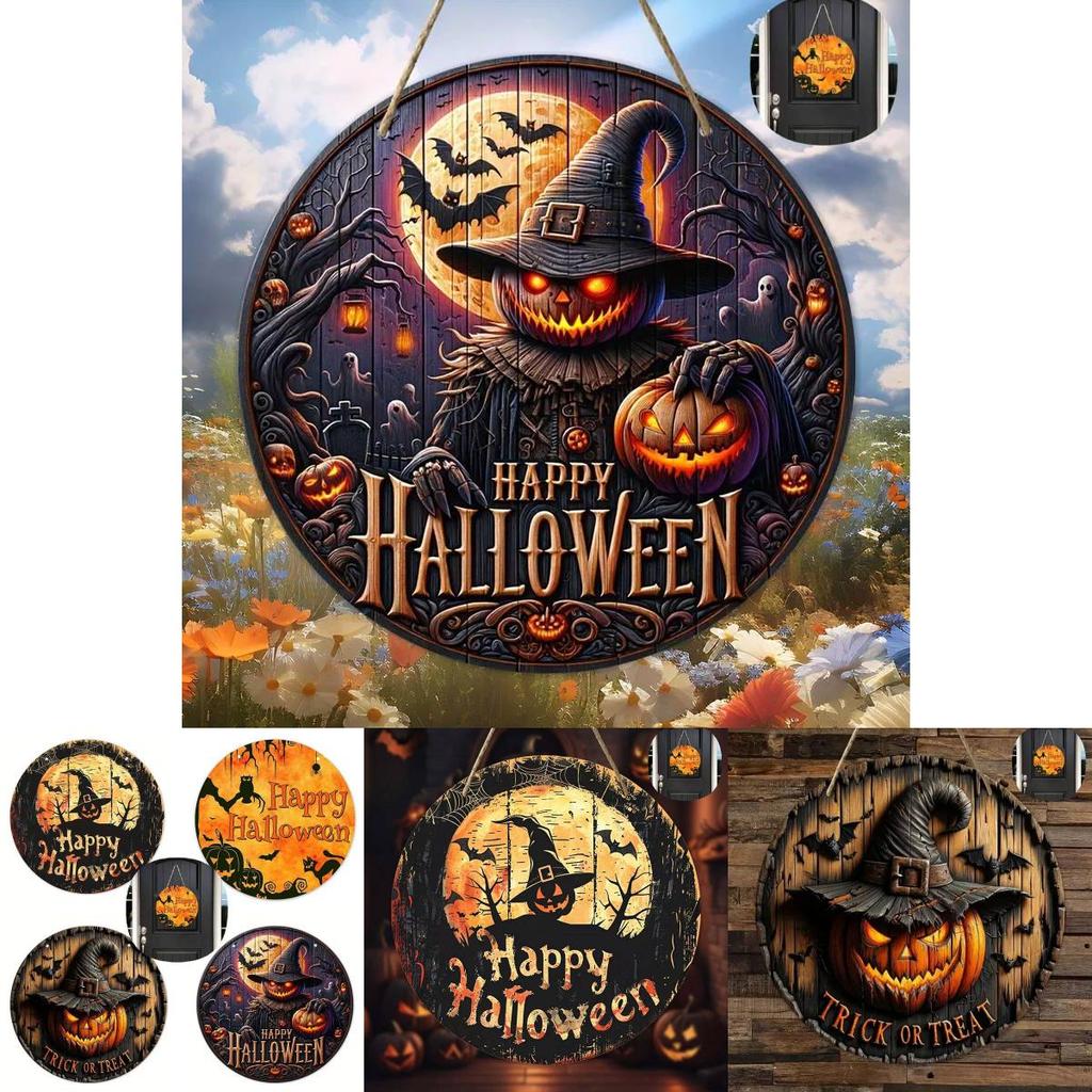 Modern Minimalist Wooden Halloween Door Sign With Creative Round Design For Home Decoration