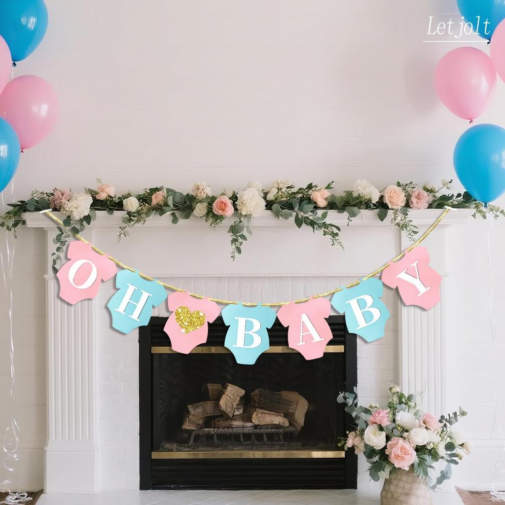 Letjolt Pink Blue Oh Baby Banner Baby Shower Supplies Gender Reveal Birthday Party Decorations Pre-Strung Garland Nursery Hanging Décor
